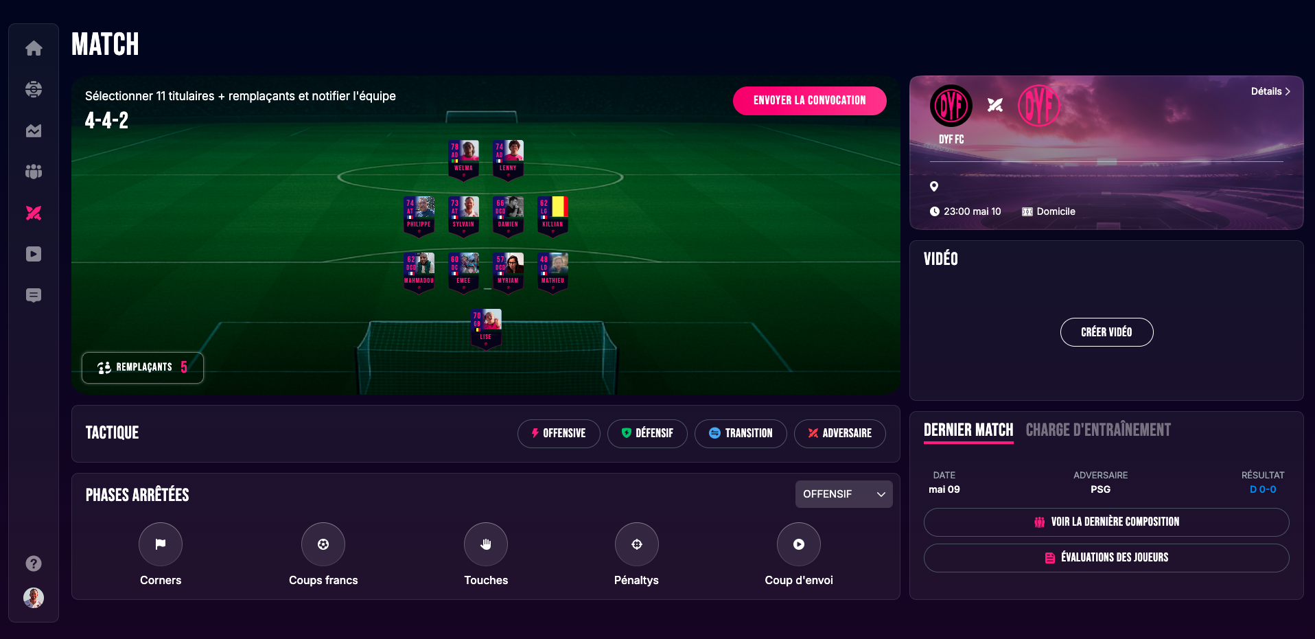 Page MATCH - composition tactique + convocation + vidéo + charge
